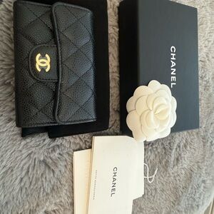 CHANEL Black Quilted Card Holder with Gold Logo